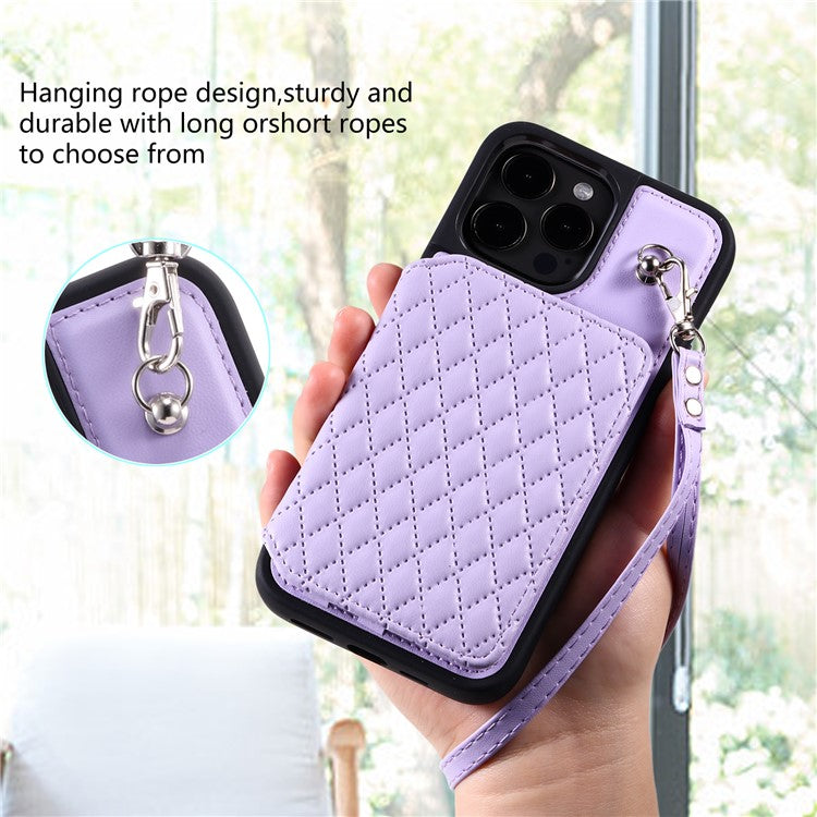 Style 008 Phone Cover for iPhone 14 Pro Max , PU Leather+TPU RFID Blocking Card Holder Kickstand Shell with Wrist Strap - Purple