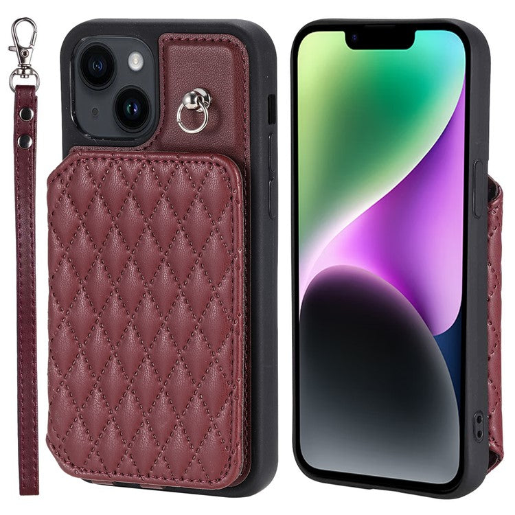 Style 008 Kickstand Phone Cover for iPhone 14 , PU Leather+TPU RFID Blocking Shockproof Shell with Wrist Strap - Wine Red