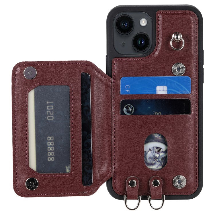Style 008 Kickstand Phone Cover for iPhone 14 , PU Leather+TPU RFID Blocking Shockproof Shell with Wrist Strap - Wine Red