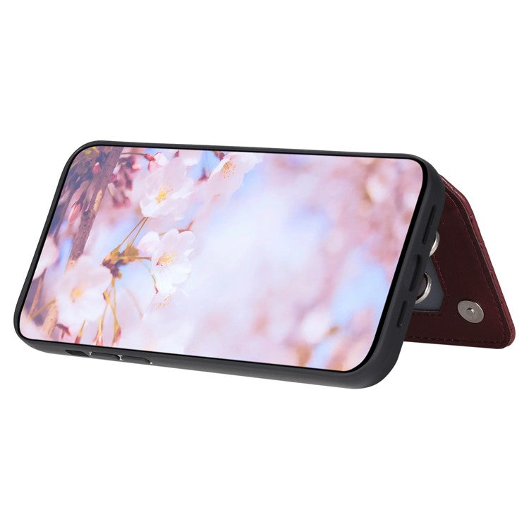 Style 008 Kickstand Phone Cover for iPhone 14 , PU Leather+TPU RFID Blocking Shockproof Shell with Wrist Strap - Wine Red