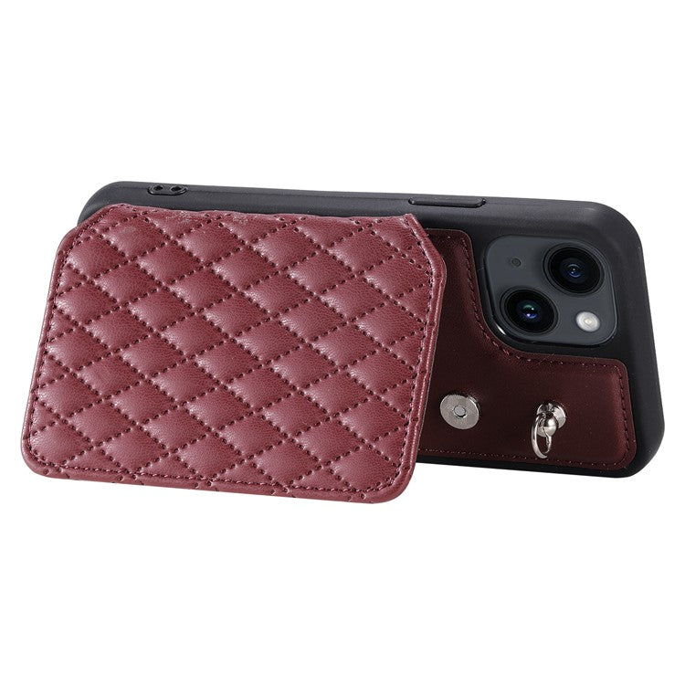 Style 008 Kickstand Phone Cover for iPhone 14 , PU Leather+TPU RFID Blocking Shockproof Shell with Wrist Strap - Wine Red