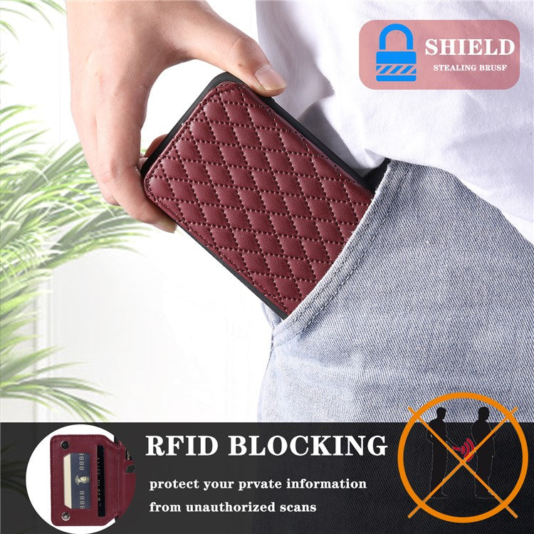 Style 008 Kickstand Phone Cover for iPhone 14 , PU Leather+TPU RFID Blocking Shockproof Shell with Wrist Strap - Wine Red