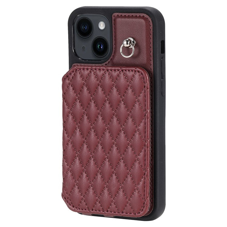 Style 008 Kickstand Phone Cover for iPhone 14 , PU Leather+TPU RFID Blocking Shockproof Shell with Wrist Strap - Wine Red