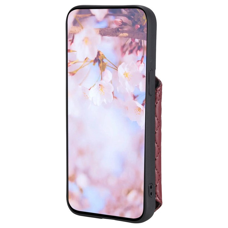 Style 008 Kickstand Phone Cover for iPhone 14 , PU Leather+TPU RFID Blocking Shockproof Shell with Wrist Strap - Wine Red