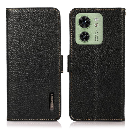 KHAZNEH For Motorola Edge 40 5G Phone Case Wallet RFID Blocking Stand Litchi Texture Genuine Cow Leather Cover - Black
