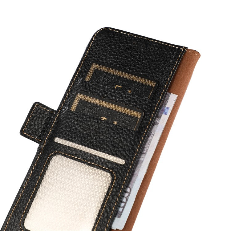 KHAZNEH For Motorola Edge 40 5G Phone Case Wallet RFID Blocking Stand Litchi Texture Genuine Cow Leather Cover - Black