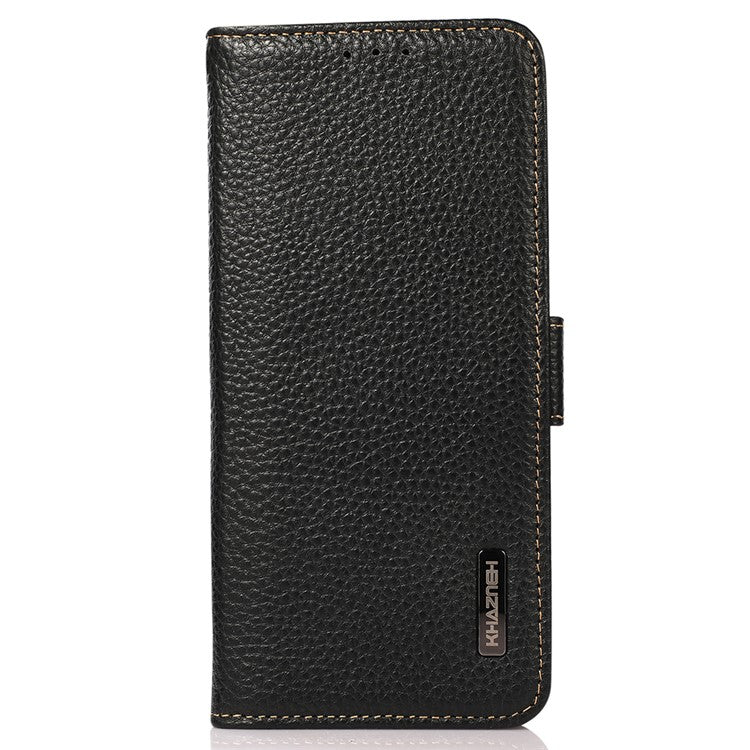KHAZNEH For Motorola Edge 40 5G Phone Case Wallet RFID Blocking Stand Litchi Texture Genuine Cow Leather Cover - Black