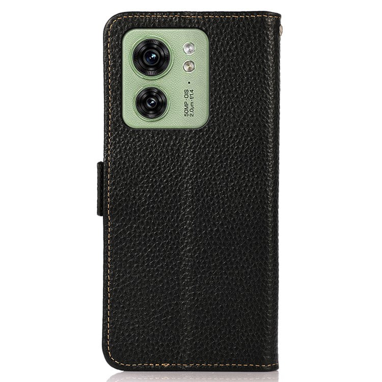 KHAZNEH For Motorola Edge 40 5G Phone Case Wallet RFID Blocking Stand Litchi Texture Genuine Cow Leather Cover - Black