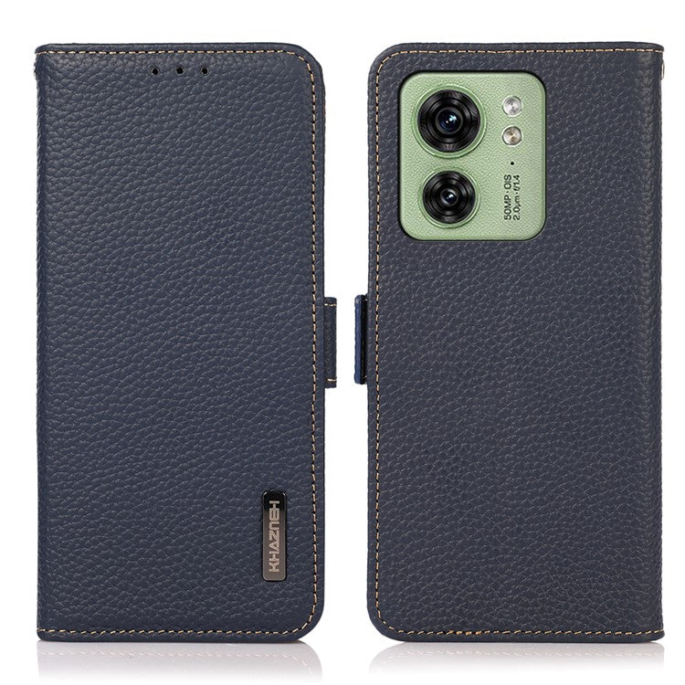 KHAZNEH For Motorola Edge 40 5G Phone Case Wallet RFID Blocking Stand Litchi Texture Genuine Cow Leather Cover - Blue