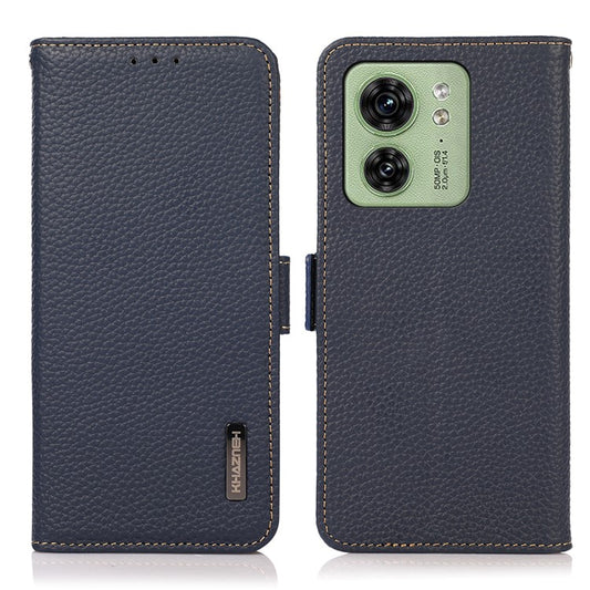 KHAZNEH For Motorola Edge 40 5G Phone Case Wallet RFID Blocking Stand Litchi Texture Genuine Cow Leather Cover - Blue