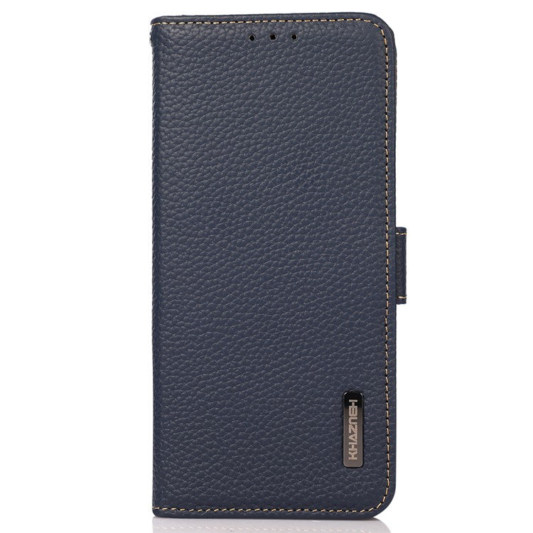 KHAZNEH For Motorola Edge 40 5G Phone Case Wallet RFID Blocking Stand Litchi Texture Genuine Cow Leather Cover - Blue