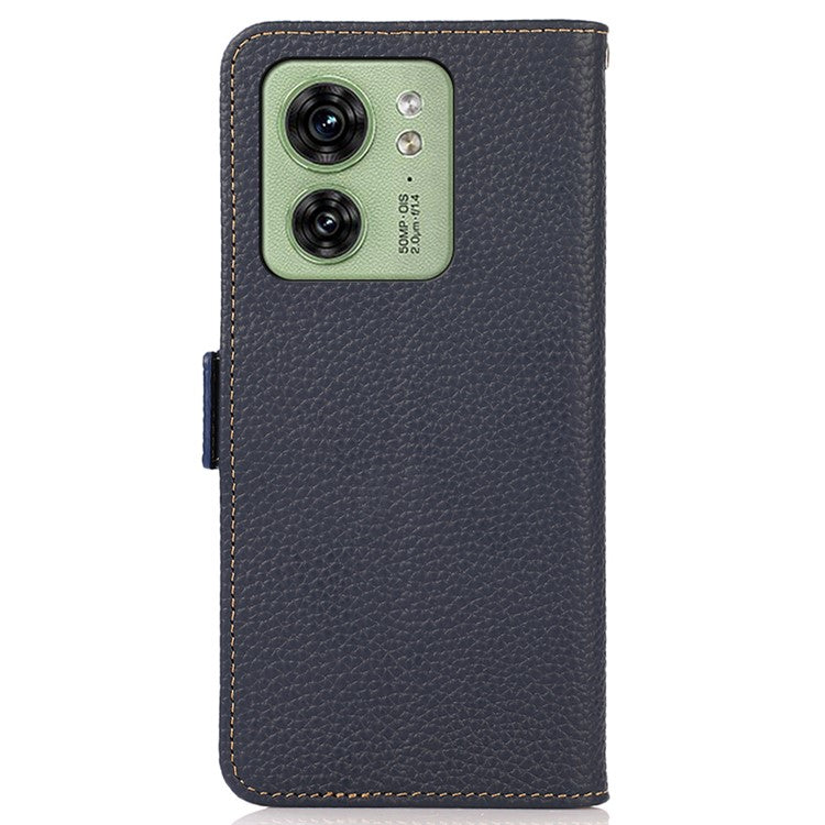 KHAZNEH For Motorola Edge 40 5G Phone Case Wallet RFID Blocking Stand Litchi Texture Genuine Cow Leather Cover - Blue