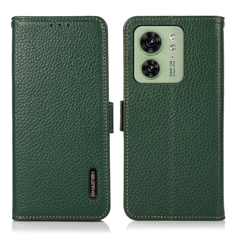 KHAZNEH For Motorola Edge 40 5G Phone Case Wallet RFID Blocking Stand Litchi Texture Genuine Cow Leather Cover - Green