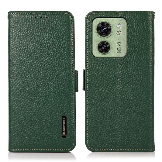 KHAZNEH For Motorola Edge 40 5G Phone Case Wallet RFID Blocking Stand Litchi Texture Genuine Cow Leather Cover - Green