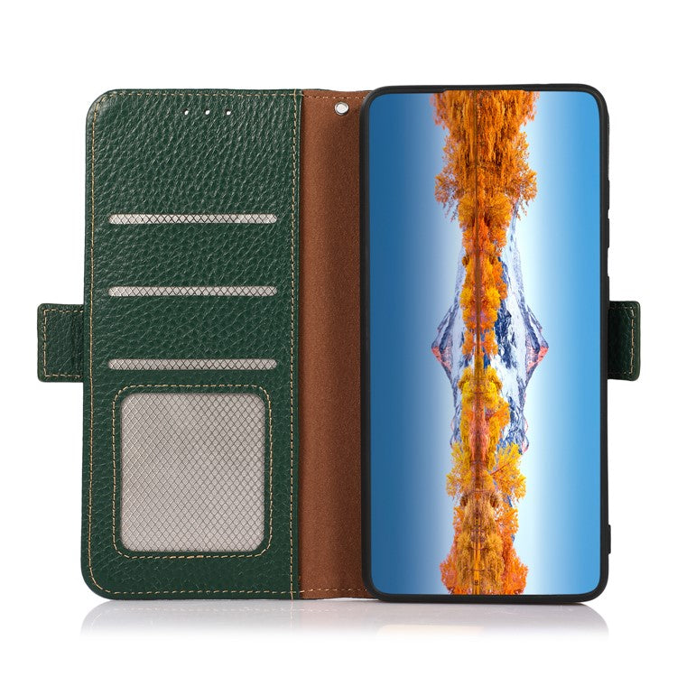 KHAZNEH For Motorola Edge 40 5G Phone Case Wallet RFID Blocking Stand Litchi Texture Genuine Cow Leather Cover - Green