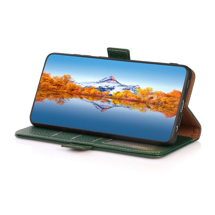 KHAZNEH For Motorola Edge 40 5G Phone Case Wallet RFID Blocking Stand Litchi Texture Genuine Cow Leather Cover - Green
