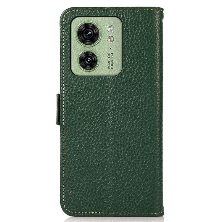 KHAZNEH For Motorola Edge 40 5G Phone Case Wallet RFID Blocking Stand Litchi Texture Genuine Cow Leather Cover - Green