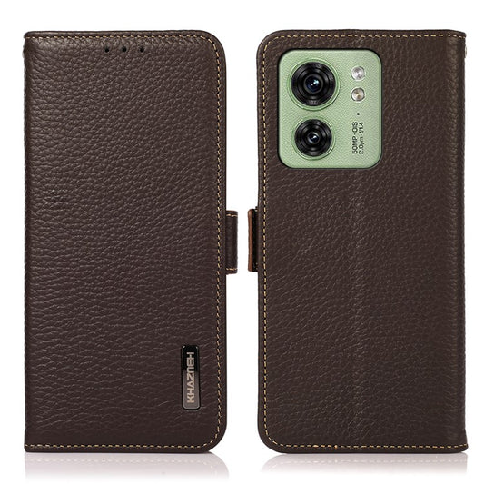 KHAZNEH For Motorola Edge 40 5G Phone Case Wallet RFID Blocking Stand Litchi Texture Genuine Cow Leather Cover - Brown