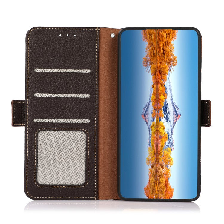 KHAZNEH For Motorola Edge 40 5G Phone Case Wallet RFID Blocking Stand Litchi Texture Genuine Cow Leather Cover - Brown
