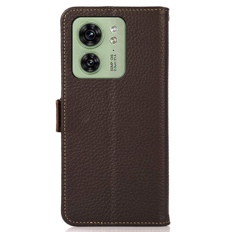 KHAZNEH For Motorola Edge 40 5G Phone Case Wallet RFID Blocking Stand Litchi Texture Genuine Cow Leather Cover - Brown