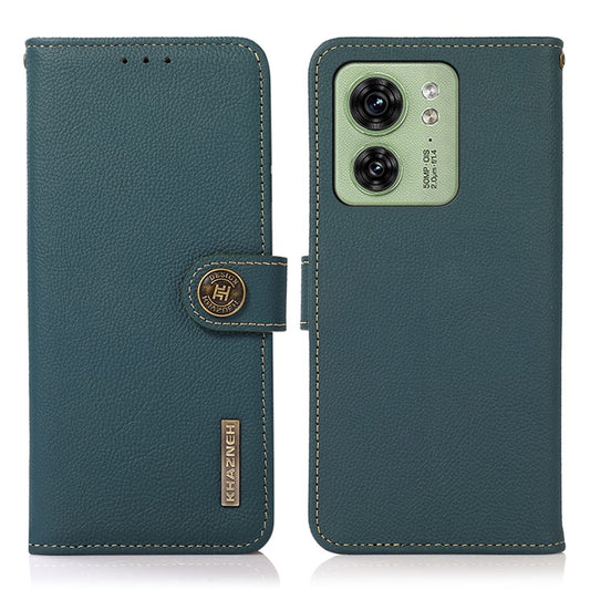 KHAZNEH For Motorola Edge 40 5G RFID Blocking Wallet Cell Phone Case Drop Protection Genuine Cow Leather Stand Phone Cover - Green