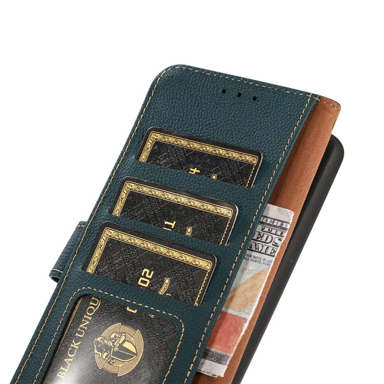 KHAZNEH For Motorola Edge 40 5G RFID Blocking Wallet Cell Phone Case Drop Protection Genuine Cow Leather Stand Phone Cover - Green