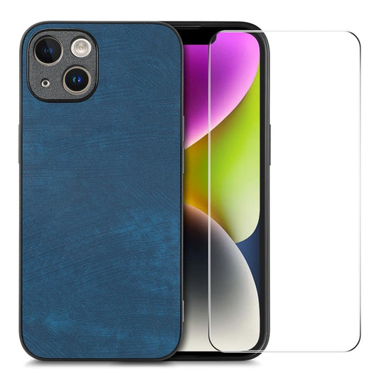 ENKAY HAT PRINCE For iPhone 14 Plus Vintage PU Leather Coated PC Phone Cover with Clear High Aluminium-silicon Glass Film - Blue