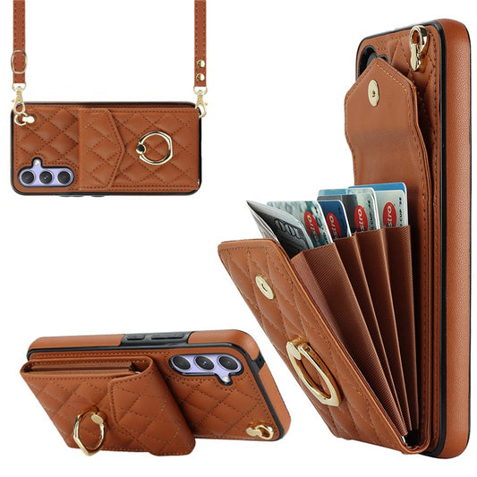 Ring Kickstand Case for Samsung Galaxy A54 5G , PU Leather+TPU Multiple Card Slots RFID Blocking Phone Cover - Brown