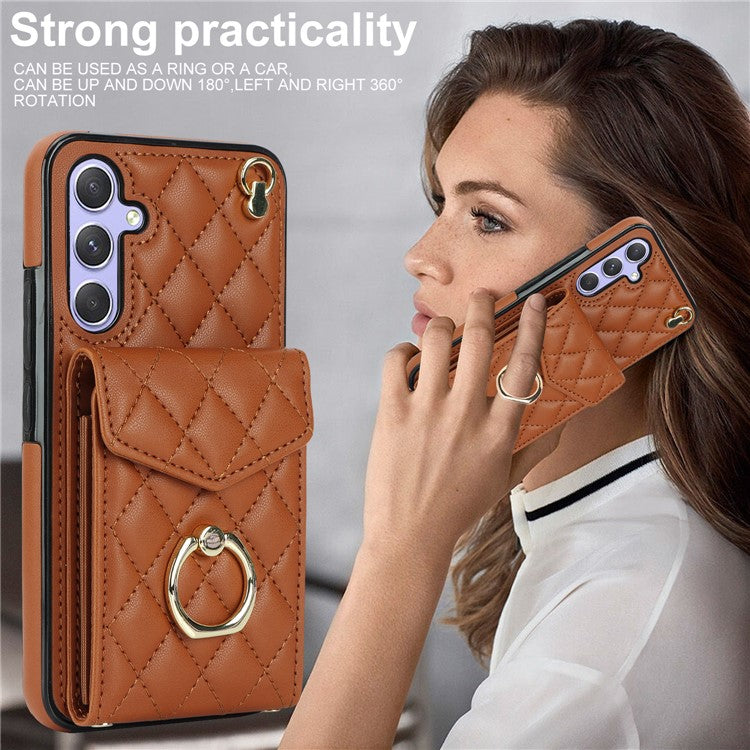 Ring Kickstand Case for Samsung Galaxy A54 5G , PU Leather+TPU Multiple Card Slots RFID Blocking Phone Cover - Brown
