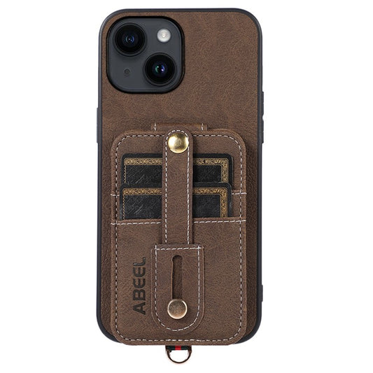ABEEL Style 02 For iPhone 14 Anti-drop Leather Coated TPU+PC Kickstand Case Card Slots Litchi Texture Phone Cover - Khaki