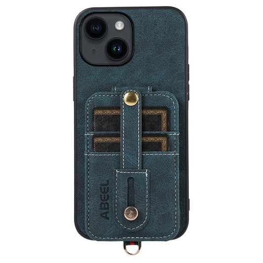 ABEEL Style 02 For iPhone 14 Anti-drop Leather Coated TPU+PC Kickstand Case Card Slots Litchi Texture Phone Cover - Blue