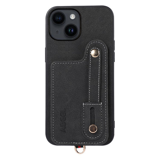 ABEEL Style 03 For iPhone 14 Plus Back Shell with Card Slots PU Leather Coated TPU+PC Litchi Texture Phone Kickstand Cover - Black