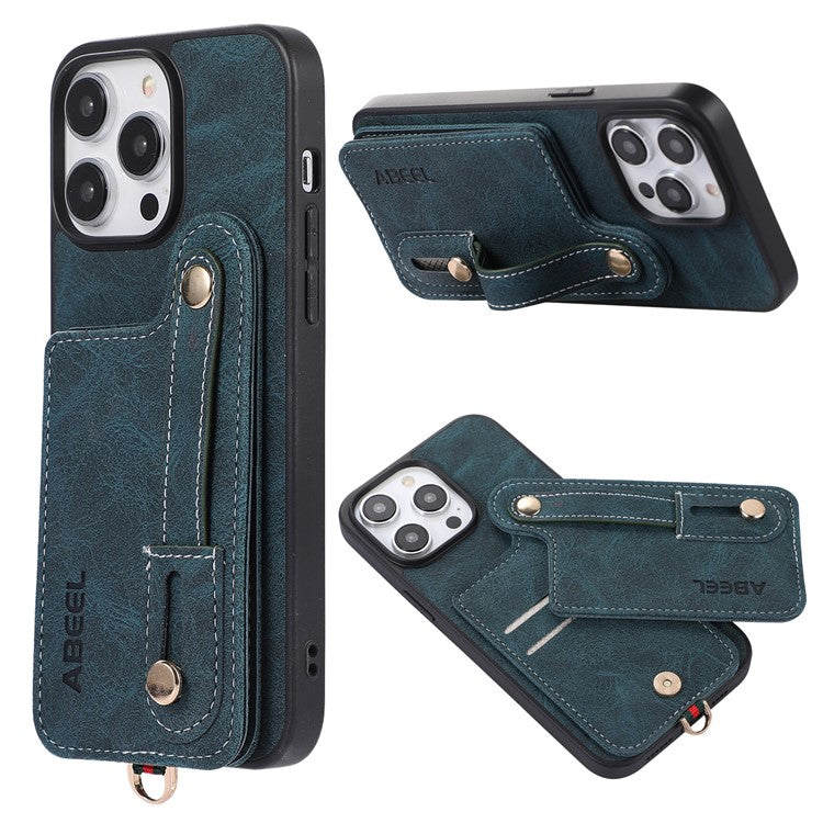 ABEEL Style 03 For iPhone 14 Pro PU+TPU+PC Protective Case Card Holder Kickstand Phone Case - Blue