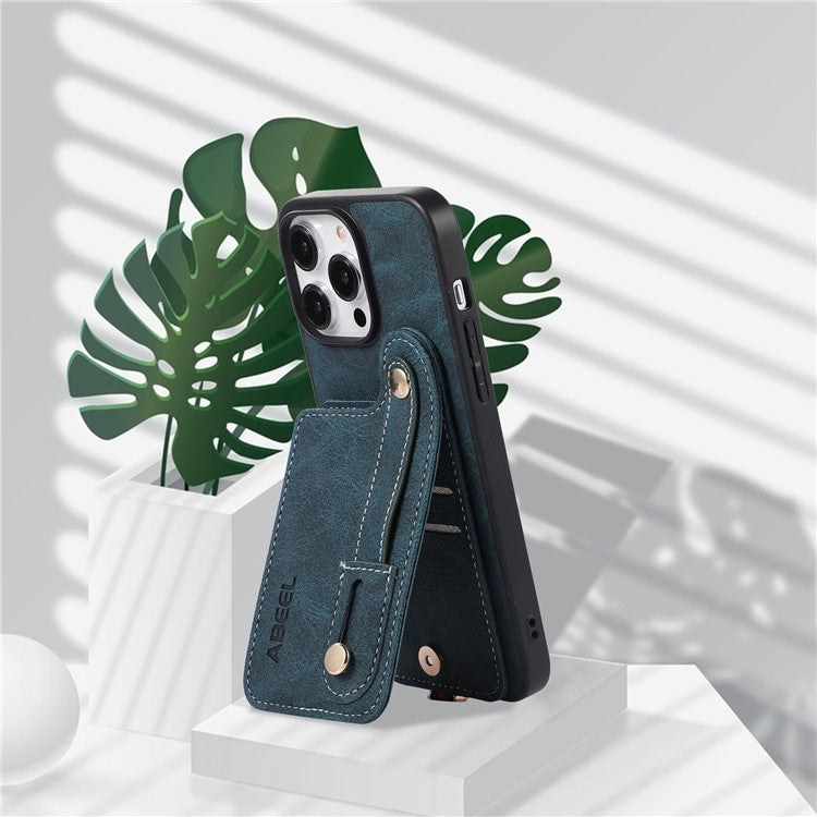 ABEEL Style 03 For iPhone 14 Pro PU+TPU+PC Protective Case Card Holder Kickstand Phone Case - Blue