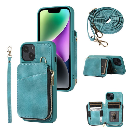 Mobile Phone Guard Shell for iPhone 14 Plus Zipper Wallet Cover Kickstand PU Leather+TPU Case - Green