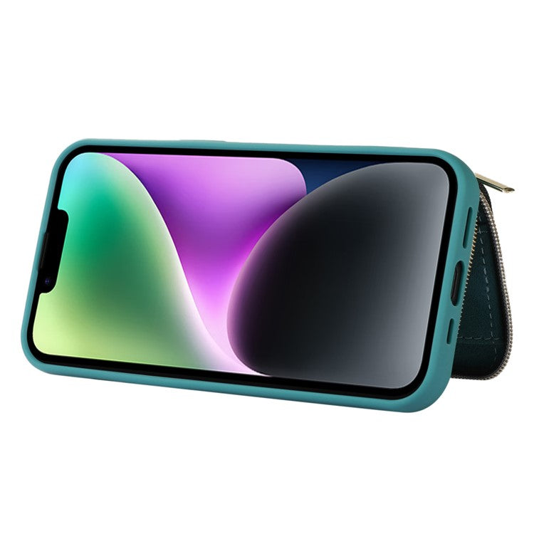 Mobile Phone Guard Shell for iPhone 14 Plus Zipper Wallet Cover Kickstand PU Leather+TPU Case - Green
