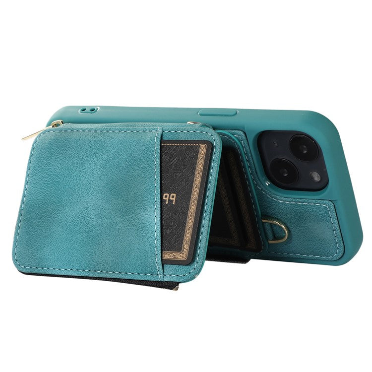Mobile Phone Guard Shell for iPhone 14 Plus Zipper Wallet Cover Kickstand PU Leather+TPU Case - Green