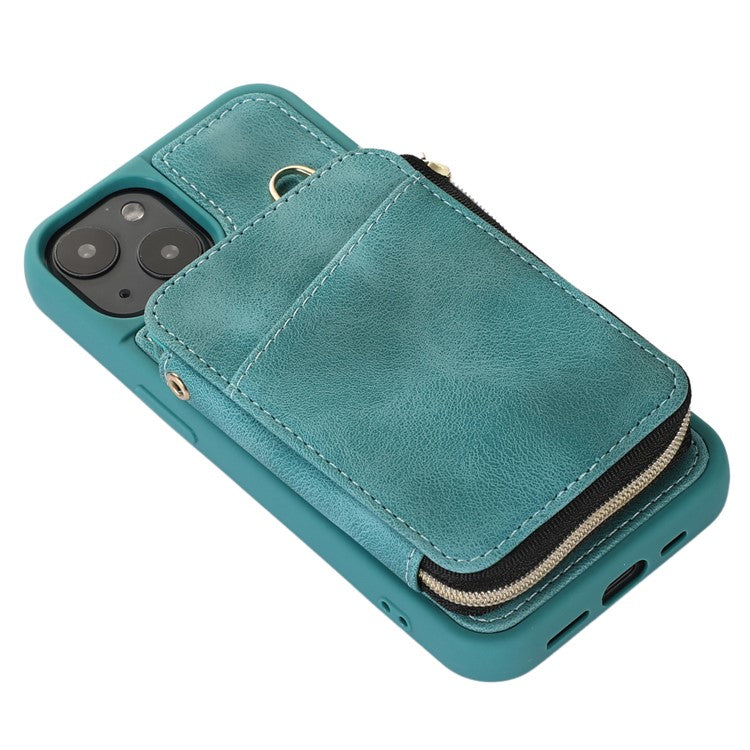 Mobile Phone Guard Shell for iPhone 14 Plus Zipper Wallet Cover Kickstand PU Leather+TPU Case - Green