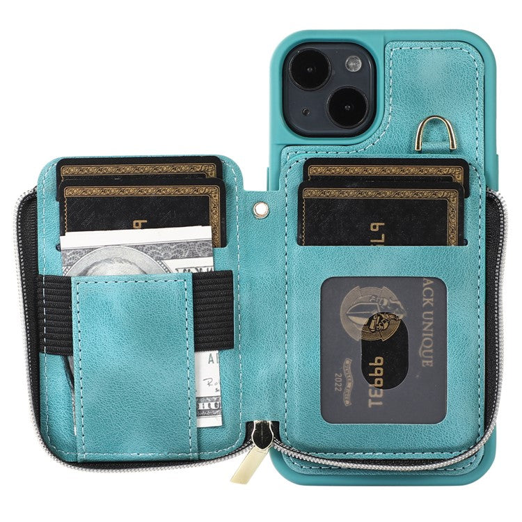 Mobile Phone Guard Shell for iPhone 14 Plus Zipper Wallet Cover Kickstand PU Leather+TPU Case - Green