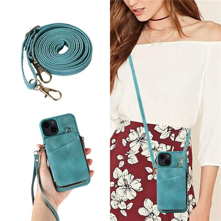 Mobile Phone Guard Shell for iPhone 14 Plus Zipper Wallet Cover Kickstand PU Leather+TPU Case - Green