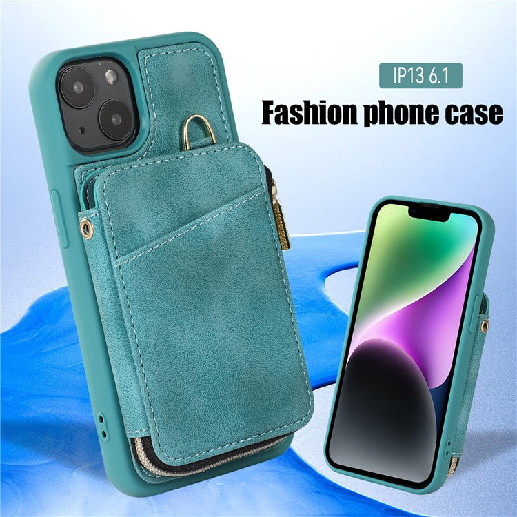 Mobile Phone Guard Shell for iPhone 14 Plus Zipper Wallet Cover Kickstand PU Leather+TPU Case - Green