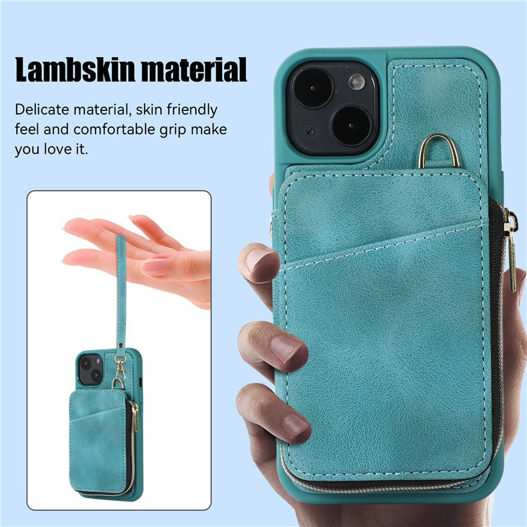 Mobile Phone Guard Shell for iPhone 14 Plus Zipper Wallet Cover Kickstand PU Leather+TPU Case - Green