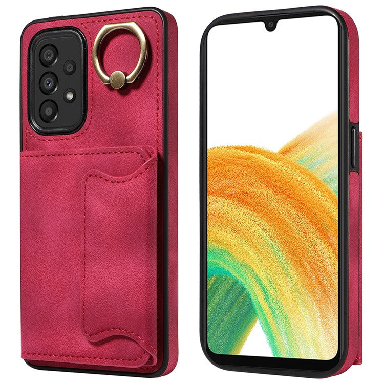 001 For Samsung Galaxy A33 5G PU Leather+TPU Card Holder Phone Cover Ring Kickstand Anti-scratch Case - Red
