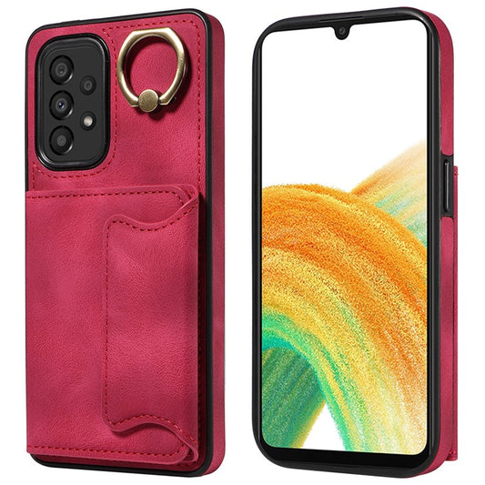 001 For Samsung Galaxy A33 5G PU Leather+TPU Card Holder Phone Cover Ring Kickstand Anti-scratch Case - Red