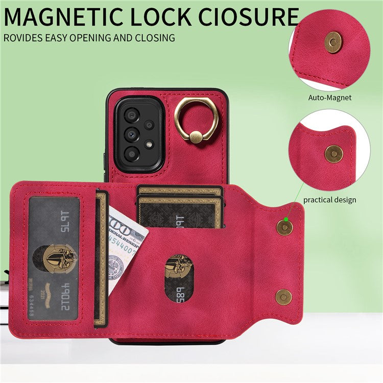 001 For Samsung Galaxy A33 5G PU Leather+TPU Card Holder Phone Cover Ring Kickstand Anti-scratch Case - Red