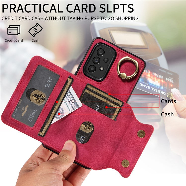 001 For Samsung Galaxy A33 5G PU Leather+TPU Card Holder Phone Cover Ring Kickstand Anti-scratch Case - Red