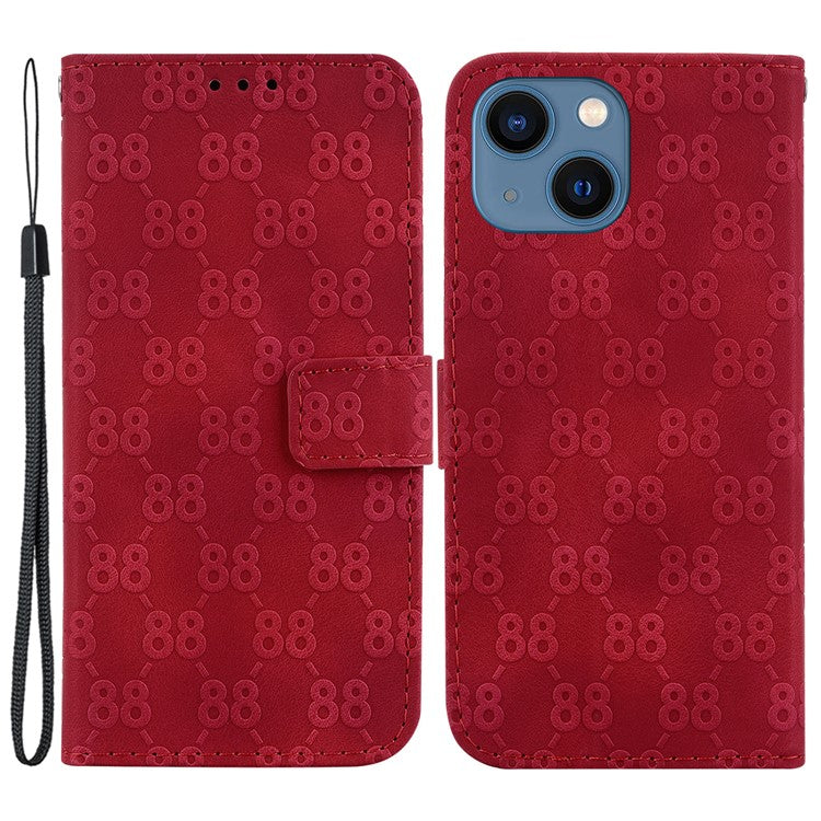 For iPhone 14 Plus Double 8-Shape Imprint Cover Anti-drop Leather Stand Wallet Phone Case - Red