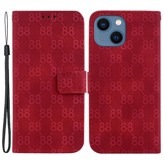 For iPhone 14 Plus Double 8-Shape Imprint Cover Anti-drop Leather Stand Wallet Phone Case - Red