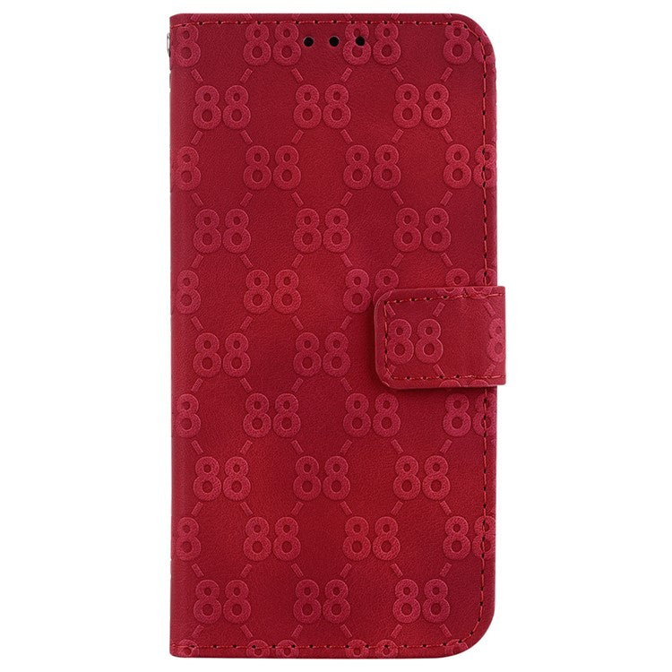 For iPhone 14 Plus Double 8-Shape Imprint Cover Anti-drop Leather Stand Wallet Phone Case - Red