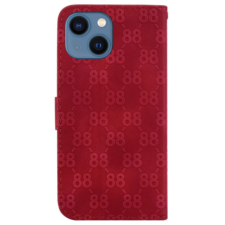 For iPhone 14 Plus Double 8-Shape Imprint Cover Anti-drop Leather Stand Wallet Phone Case - Red